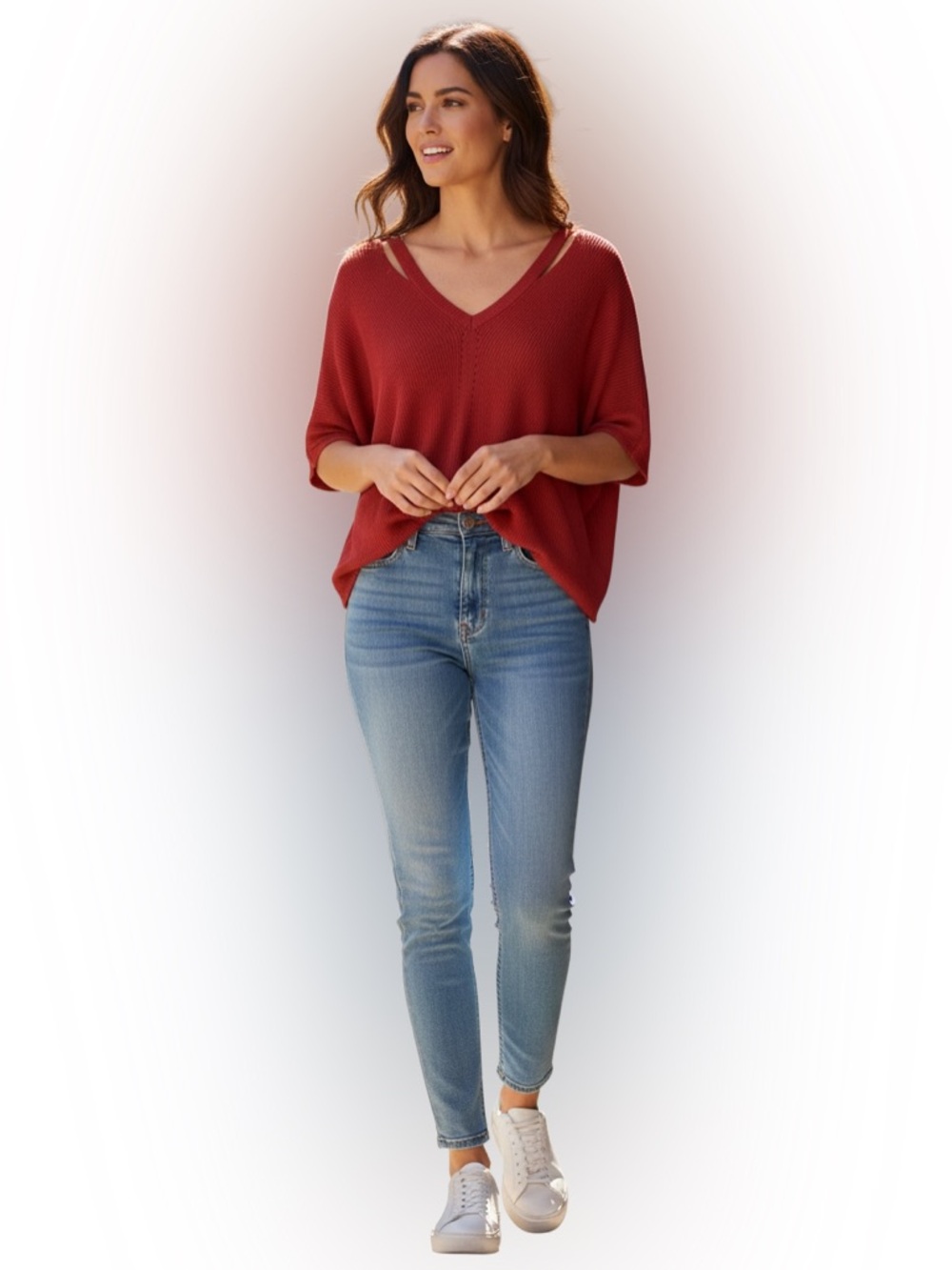 Westport knit top beautiful tomato red/ neck with open detail knit 3X